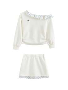 Elegant Asymmetric Shoulder Long Sleeve T-Shirt Set For Women, Autumn Polka Dot Patchwork Sweet Blouse - White - View 5