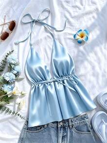 1pc Spring/Summer New Daily Party Vacation All-Season Solid Color Sleeveless Spaghetti Strap Strap Tank Top - Baby Blue - View 4
