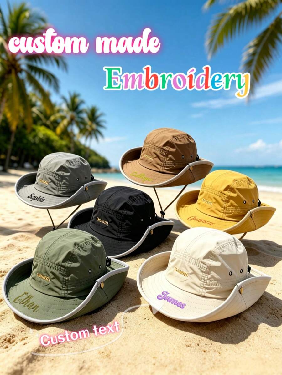 1pc Personalized Lightweight Sun Hat, Customizable Embroidered Name/Text Beach Hat, Unisex, Wide Brim, Breathable Fabric, Perfect For Outdoor Activities And Beach Travel, Hiking, Fishing Bucket Hat - Multicolor - View 1