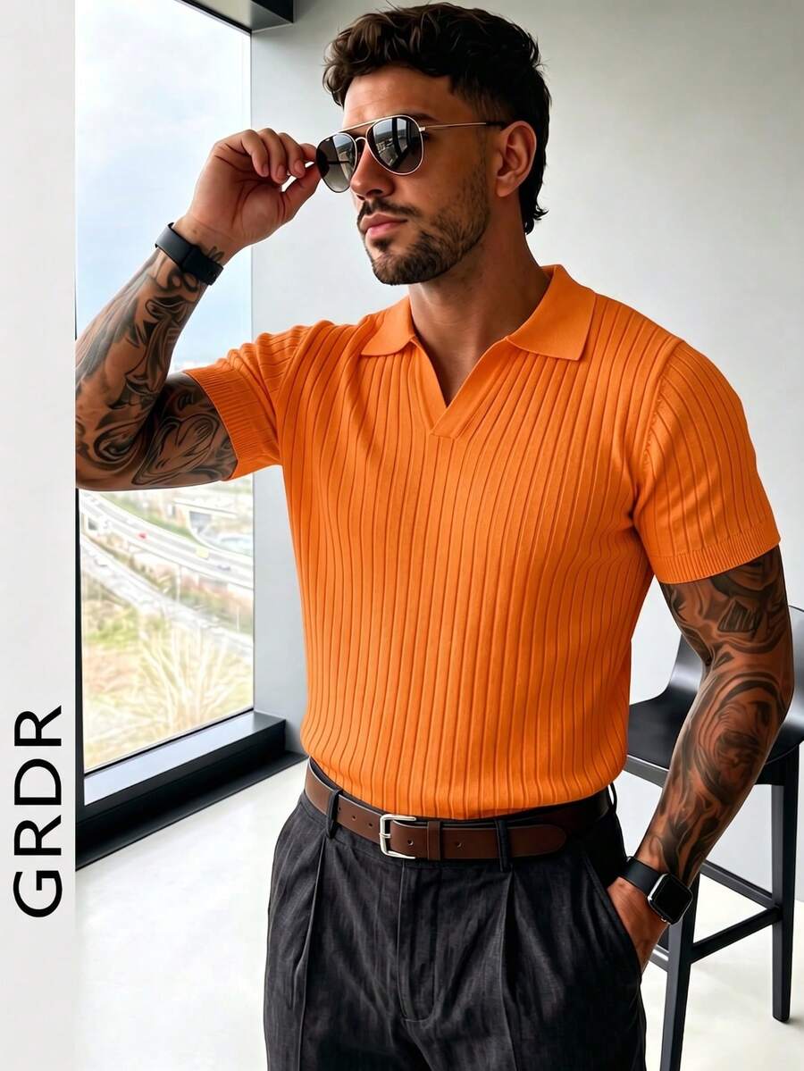 GRDR 男士夏季纯色 Polo 领短袖针织衫，适合夏季外出穿着，时尚造型必备单品