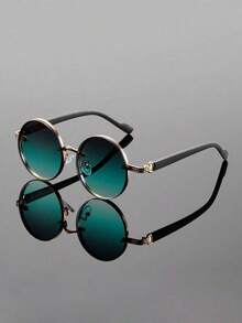 Retro Full Rim Round Shades For Ladies Slim Engraved Metal Frame Anti UV Gradient Lens Elegant Eyewear For Vacation Daily Outfit - Multicolor - View 7
