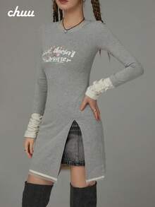 CHUU Women's 2 In 1 Patchwork Long Sleeve T-Shirt, Autumn Letter Print Split Hem Mid-Length Top - Grey - View 5