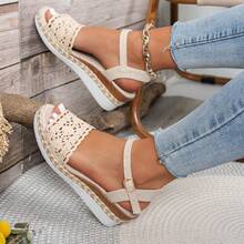 Women's Plus Size Wide Toe Box Beige Rope Wedge Platform Sandals, Hollow Ankle Strap Buckle Casual Vacation Shoes - Beige - View 10