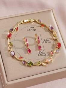 3pcs/Set 18K Gold Plated Luxury Dreamy Colorful Zirconia Tulip Flower Vine Pendant Bracelet And Water Drop Earrings, Women's, Summer Beach Mom Gift, Wedding Decoration Jewelry, Daily Party Birthday Valentine's Day Gift - Gold - View 6