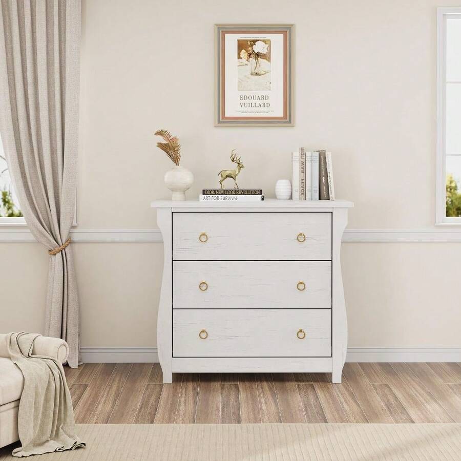 Cómoda de 3 Cajones Estilo Moderno – Gabinete de Madera Blanca con Detalles en Ratán y Tiradores Negros, Patas Curvas, Para Sala, Recámara o Entrada, Acabado Roble Natural - Blanco - Ver 1