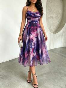ChicMe Women's Ombre Print Ruched A-Line Sleeveless Midi Dress, Back Zipper Design, Casual Elegant, Suitable For Daily And Vacation Wear - Purple - View 7