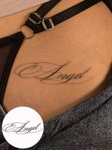English Waterproof Temporary Tattoo, "Angel" Design, Unisex Fake Tattoo Stickers, Suitable For Theme Party Events, Personalized Outfit Accent, Waterproof, Sweat-Proof, Rub-Resistant, Long-Lasting, Body Painting, Black Tattoo Suitable For Parties, Valentine's Day - Exquisite Design Suitable For Various Activities And Occasions - Black - View 4