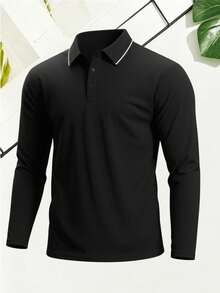 男士 Polo 衫，透氣舒適面料，純色百搭運動上衣 - 黑色 - 查看 1