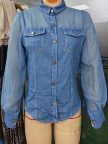 Women's Denim Fabric & Mesh Patchwork Shirt, Long Sheer Puff Sleeves, Button-Down With Fake Chest Pockets, Slim Fit Casual Top For Everyday Wear - 霧霾藍 - 查看 2