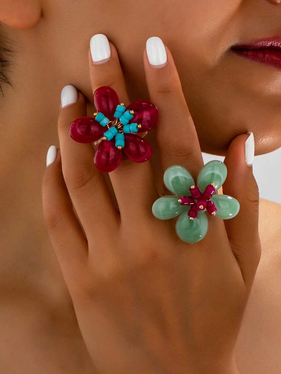 1pc/2pcs Contrast Color Flower Ring Handmade Translucent Floral Niche Design Exaggerated Index Finger Ring For Vacation Travel Photography - Flower Ring - View 1
