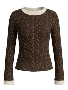 Sexy Sweet & Spicy Color Block Ditsy Floral Round Neck T-Shirt Women Spring 2 In 1 Frill Trim Flared Sleeve Top Vacation - Brown - View 6