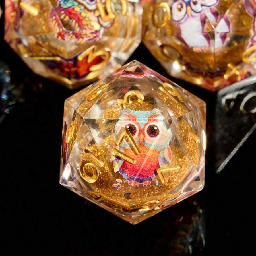 7-Piece Full Set Multi-Sided Dice, High-Transparency Crystal Resin With Embedded Laser Holographic Glitter And Blue Dragon Pattern, Paired With Silver Numbers, Owl Details Come Alive With Dynamic Presence Under Light, Creating A Magical Atmosphere. Suitable For D&D Tabletop Games, Smooth And Transparent Hand Feel, A Personalized Collection For RPG Players And Dragon Theme Enthusiasts. - Multicolor - View 1