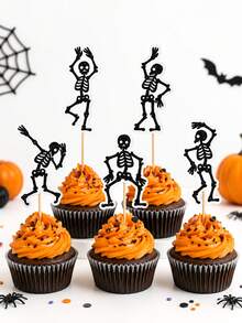 10 piezas/20 piezas Adornos de Esqueleto para Cupcakes de Halloween, Palillos de Esqueleto Bailando para Pasteles, Decoraciones de Postres Espeluznantes, Suministros de Repostería para Fiestas de Halloween - Ver 5