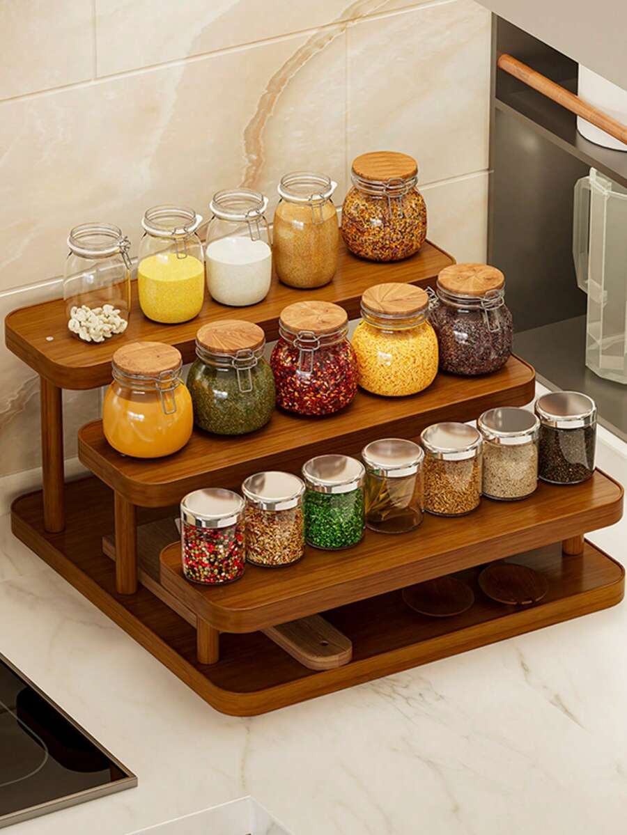 3-Tier Wooden Spice Rack Organizer, Stepped Countertop Spice Bottle Storage Rack, Multi-Layer Kitchen Spice Display Rack, Space-Saving Pantry Cabinet Countertop Storage Shelf