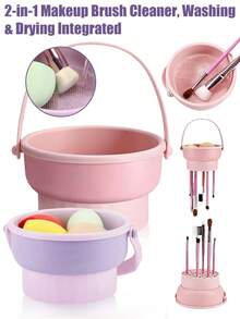 1/2pcs 2-In-1 Makeup Brush Cleaning Pad, Silicone Cleaning Bowl, Portable Foldable Makeup Brush Cleaning Bowl With Drying Rack, Suitable For Cleaning And Drying Makeup Brushes, Powder Puffs And Sponges - Multicolor - View 2