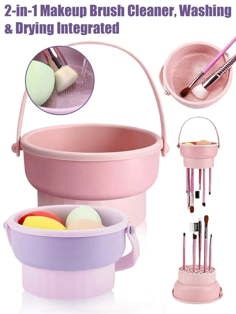 1/2pcs 2-In-1 Makeup Brush Cleaning Pad, Silicone Cleaning Bowl, Portable Foldable Makeup Brush Cleaning Bowl With Drying Rack, Suitable For Cleaning And Drying Makeup Brushes, Powder Puffs And Sponges