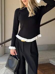 Yepolly-Pop Atasan Rajut Bergaris Musim Gugur/Musim Dingin Wanita, Sweater Lengan Panjang dengan Hiasan Ruffle Hitam, Pakaian Kasual untuk Kantor - Hitam dan Putih - View 10