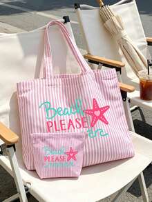 Women's Summer Beach Travel Tote Bag Set - Vintage Striped Tote Bag With Matching Mini Bag - Large Canvas Pink And White Striped Shoulder Bag With Starfish And Letter Print, Foldable Canvas Shoulder Bag, Summer Essential Waterproof And Sand-Resistant Travel Bag, Perfect For Beach Trips, Pool Days, Shopping And Daily Use, Suitable For Women, Travelers And Beach Lovers, Ideal For Spring Break And Gifts, Teacher's Day, Birthday Gifts - Multicolor - View 4
