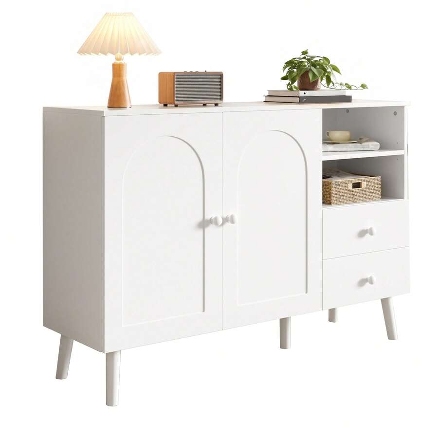 Sideboard, Curved Doors, Wooden Handles, Wooden Legs, With 2 Doors, 2 Drawers And 2 Open Shelves - White - View 1