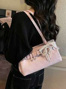 Stylish PU Shoulder Bag Alace Pearl Bow Charm. Perfect Everyday Commutes Working Professionals, Sweet Dates Shopping Trips Women, Short Vacations. - Pink - View 3
