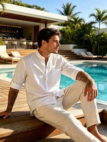 Men's Stand Collar Rolled Sleeve Linen White Shirt, Casual Vacation Pool Bar Resort Top - White - View 4