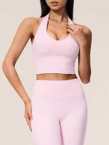 TimeOff Setelan Olahraga Wanita Satu Set Warna Polos, Atasan Tank Top Halter V-Neck Pendek & Celana Panjang Sedang Pinggang Tinggi - Berwarna merah muda - View 6