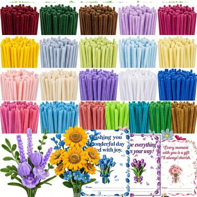 203件裝雪尼爾花束套組，創意手工裝飾與DIY手工藝用品，蓬鬆雪尼爾桿套組，含200根1/4英吋混色雪尼爾桿