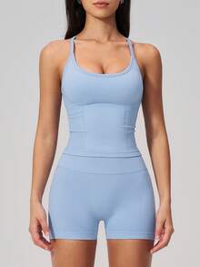 NcmRyu Women's One Set Solid Color U-Neck Spaghetti Strap Y-Shaped Criss-Cross Back Ribbed High Waist Shorts Sports Set - Baby Blue - View 5
