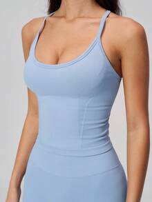 NcmRyu Women's One Set Solid Color U-Neck Spaghetti Strap Y-Shaped Criss-Cross Back Ribbed High Waist Shorts Sports Set - Baby Blue - View 8