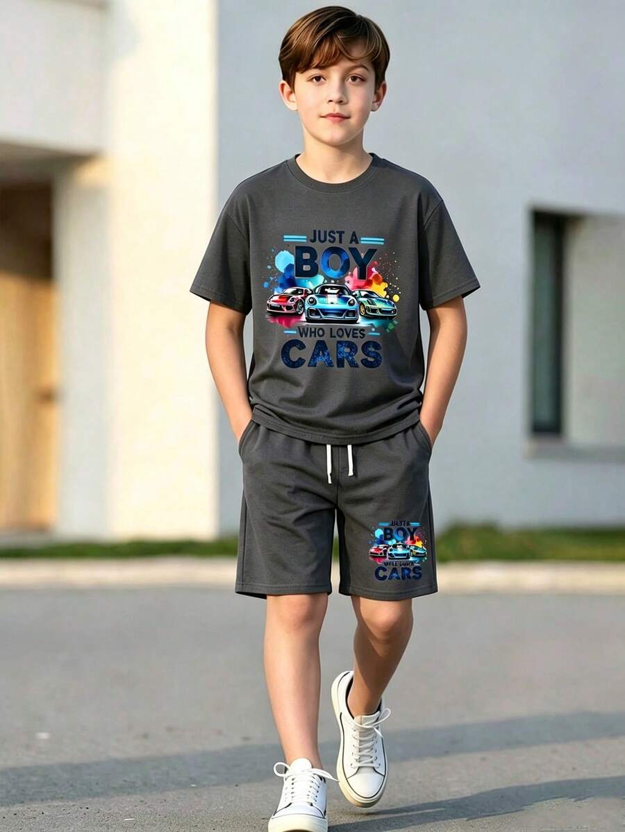 Tween Boy Cartoon Graphic Print Crew Neck Short Sleeve T-Shirt And Shorts Set - Dark Grey - View 1