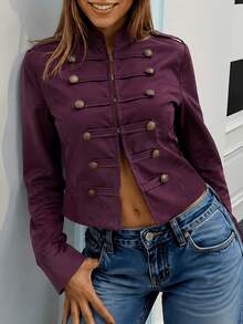 Burgundy Napoleon Style Short Jacket, Stand Collar Gold Button Military Officer Style Waist-Cinching Blazer - Burgundy - View 1