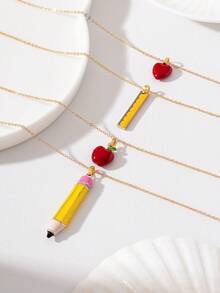 Kalung Liontin Apel Penggaris Pensil Enamel 3D Lucu, Perhiasan Fashion untuk Kembali ke Sekolah dan Kelulusan, Cocok Sebagai Hadiah untuk Pemakaian Sehari-hari Siswa dan Wanita Muda - Yellow Gold - View 2