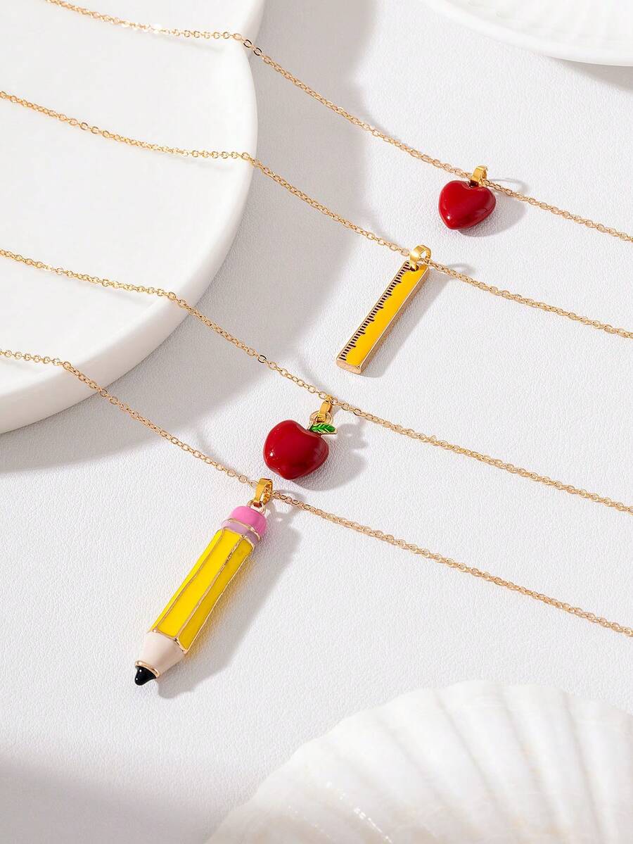Kalung Liontin Apel Penggaris Pensil Enamel 3D Lucu, Perhiasan Fashion untuk Kembali ke Sekolah dan Kelulusan, Cocok Sebagai Hadiah untuk Pemakaian Sehari-hari Siswa dan Wanita Muda