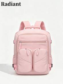 Mochila casual de uso diario con bloques de color y múltiples bolsillos de nylon para mujer, adecuada para la escuela, viajes y trabajo (Mochila de vuelta a la escuela) - Rosa - Ver 3