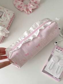 1pc Korean Style Pink Bow Lace Pencil Case, Ins Minimalist Large Capacity Stationery Storage Pencil Pouch,Back To School Season - Multiple Styles - View 3