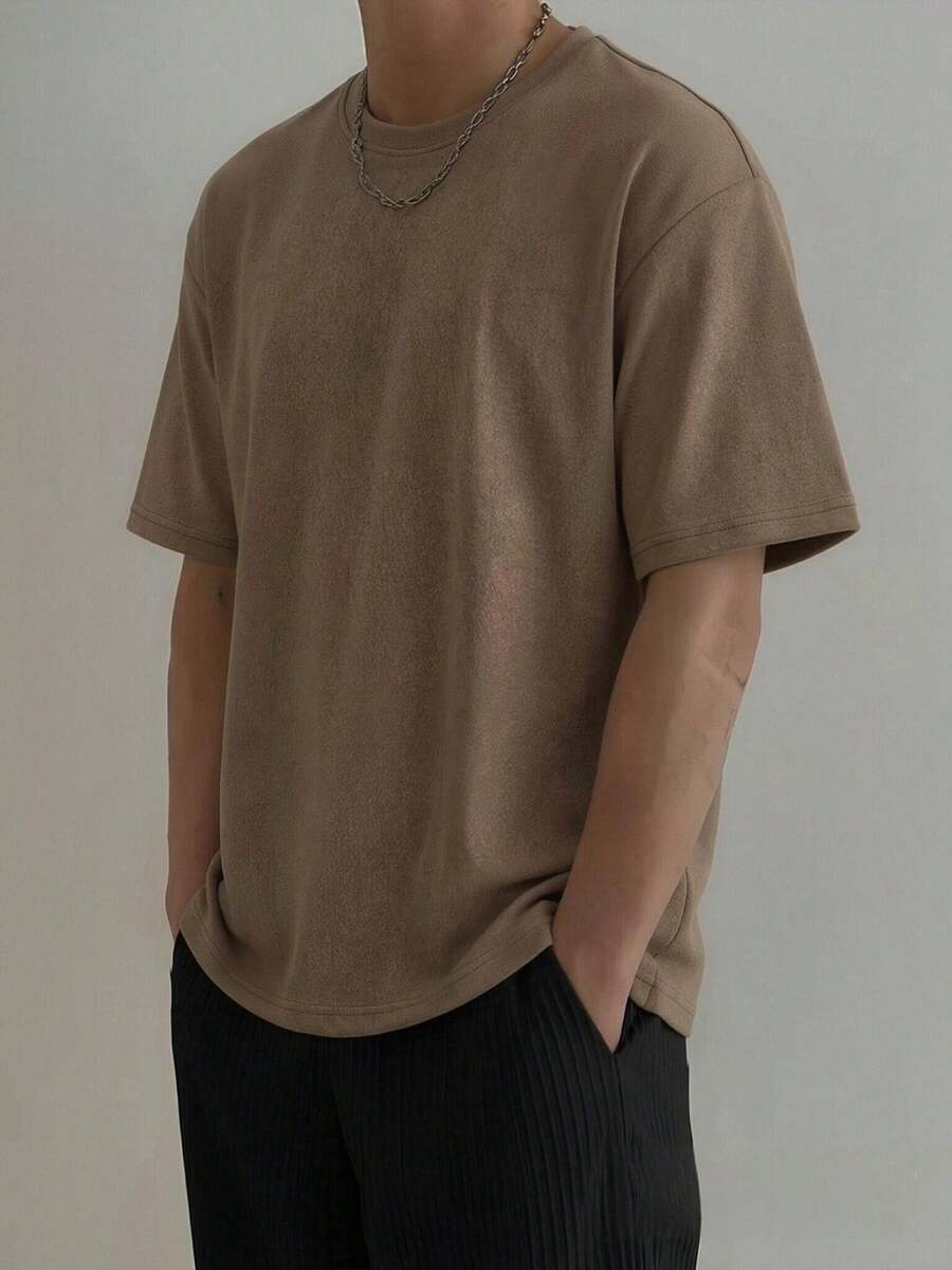 夏季美式復古風素色短袖T恤 男款麂皮感寬鬆圓領百搭上衣 - 咖啡棕 - 查看 1
