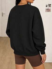 Sweatshirt Wanita Model Longgar Minimalis Warna Blok Patchwork Kasual Serbaguna untuk Musim Gugur/Dingin Terbaru - Hitam - View 5