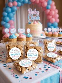 48pcs Customized Gender Reveal Stickers, Personalized "He Or She" Round Baby Shower Labels, Cute Pink & Blue Family Party Favor Candy, Back To School - Multicolor - View 4