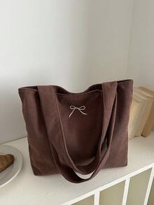 Corduroy Solid Color Shoulder Tote Bag - Coffee - View 12