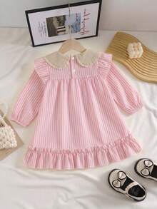 Baby Girl Cute Floral & Striped Print Long Sleeve Dress, Spring/Autumn - Pink - View 2
