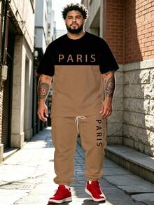 Men's Street Casual Minimalist Series "Colorblock Plaid PARIS" Pattern Sports Set - Polyester Knit Fabric, Crew Neck Design, Drawstring Cuffed Pants, Pocket Details, Regular Fit, Suitable For Plus Size - Black - View 1