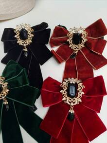 1pc Vintage Court Style Burgundy Velvet Double Layer Bow Tie With Gold Hollow Flower Frame Black Gemstone Teardrop Pendant Adjustable Neck Cord, Wedding Dress JK Shirt Christmas Atmosphere Neck Accessory For Halloween Cosplay Party, Event, Photo Shoot - Red - View 9