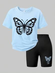 2pcs Tween Girls Black Butterfly Print T-Shirt And Biking Shorts Set, Soft Fabric, Summer Casual Wear - Baby Blue - View 2
