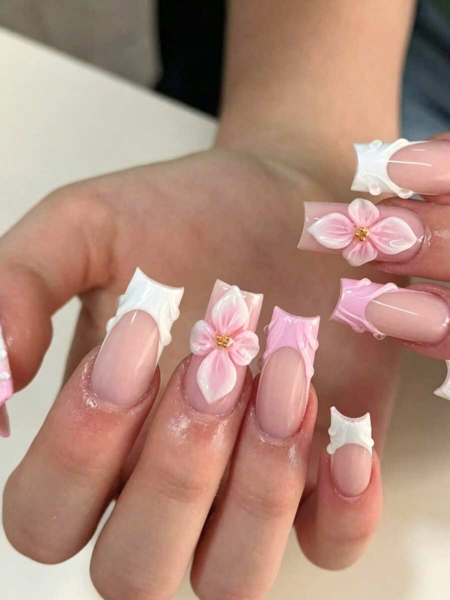 10pcs/Set Square French Style Fake Nails Set, Two Flowers, Pink Decoration, Unique Craftsmanship, Bold Fashion. Suitable For Parties, Dancing And Daily Wear. Perfect Gift For Women And Girls. - Pink - View 1