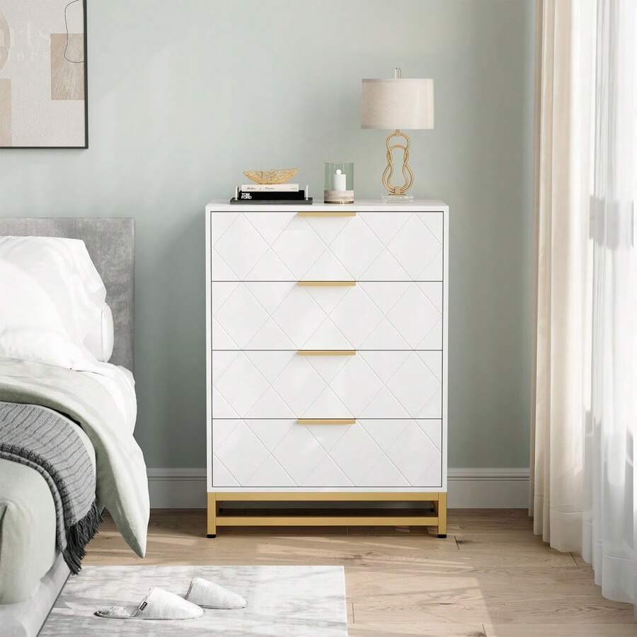 Cómoda de 4 Cajones para Dormitorio – Diseño Moderno con Tiradores Dorados y Patas Metálicas, Cajones Profundos, Organizador de Ropa para Clóset, Recámara o Entrada - Blanco - Ver 1