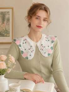 1件女款白色刺繡可拆卸領飾，粉色花卉蕾絲與綠葉細節，波浪邊緣，適用於洋裝與襯衫 - 白色 - 查看 5