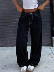Women's Flame Embroidered Loose Straight Leg Denim Jeans - Black - View 3