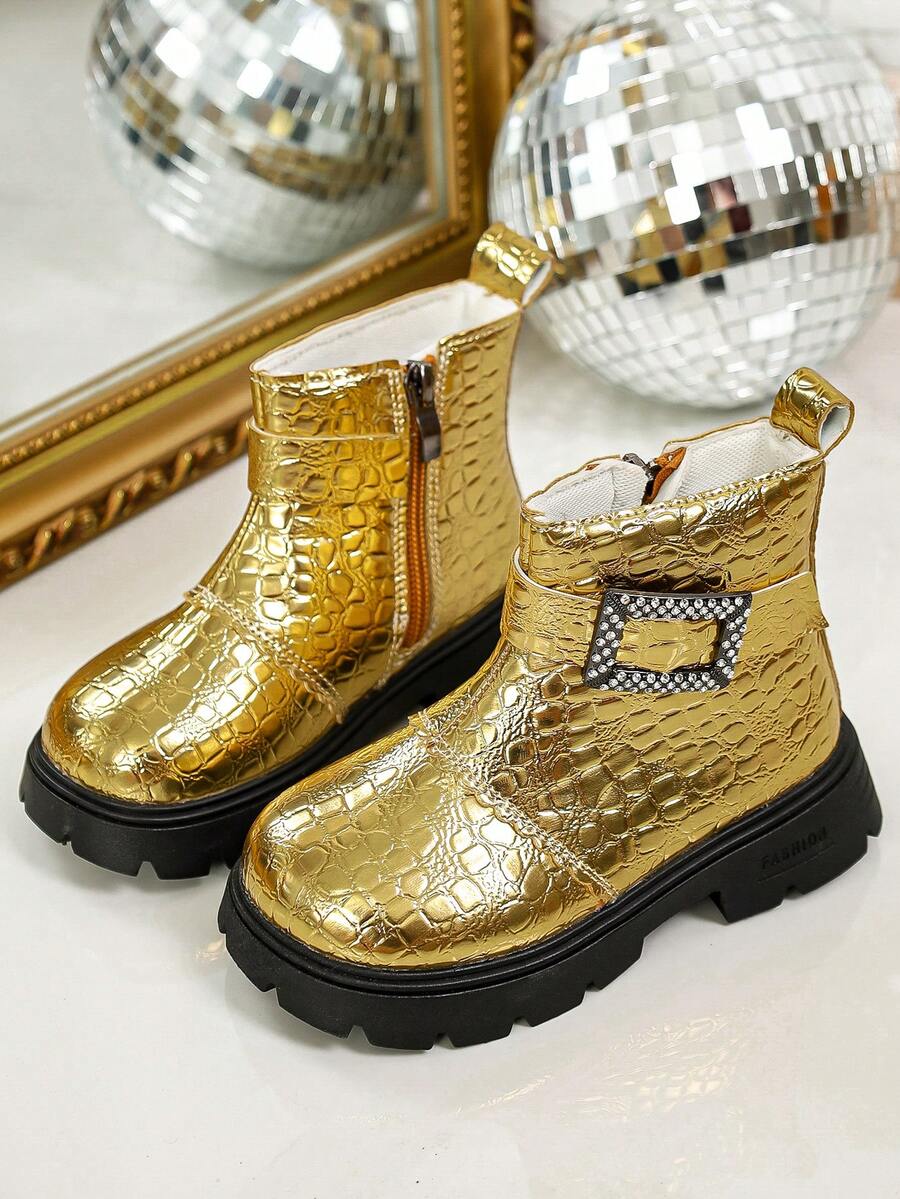 Kids Autumn/Winter Shiny Crocodile Embossed Rhinestone Square Buckle Boots With Side Zipper Thick Sole Runway Boots - Gold - View 1