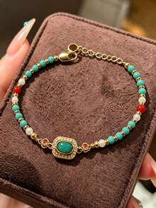 1pc Elegant Square Hollow Faux Turquoise Copper Bracelet, Fashionable Multi-Color Accessory Suitable For Parties, Galas, Everyday Wear - Multicolor - View 2