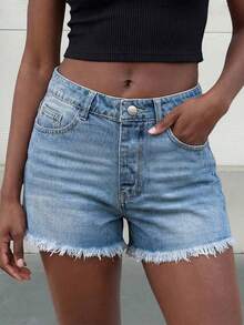 Quần short denim ống đứng dáng rộng thoải mái có túi dành cho nữ, thích hợp cho mùa hè. - Rửa trung bình - Xem 8